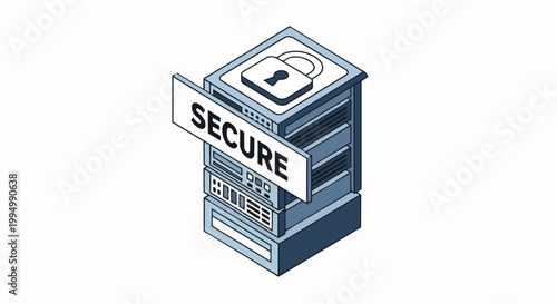 Isometric Secure Server Rack with Padlock Symbol for Data Protection and Cybersecurity Concept