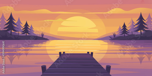 Beautiful orange sunset over a calm river with mountains, clouds, and tree silhouettes in a peaceful natural landscape