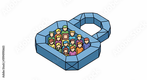 Conceptual Illustration of People Protection, Cybersecurity, and Social Data Privacy within a Blue Padlock