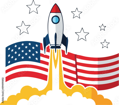 Celebrate national pride and achievement with this vibrant illustration of a rocket soaring towards stars, set against a backdrop of a waving patriotic flag, symbolizing ambition and success