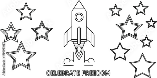 Celebrate Freedom with a Rocket Ship Illustration and Stars, Ideal for Patriotic Themes and Space Exploration
