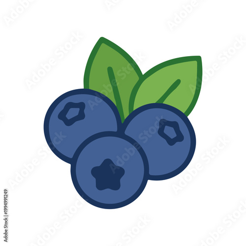 Three Blueberries with Green Leaves.