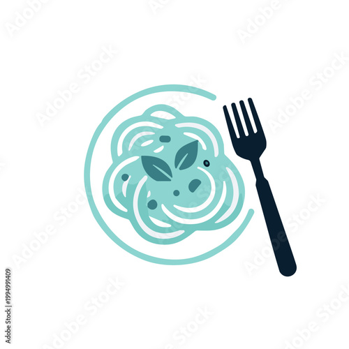 Spaghetti with herbs on plate.