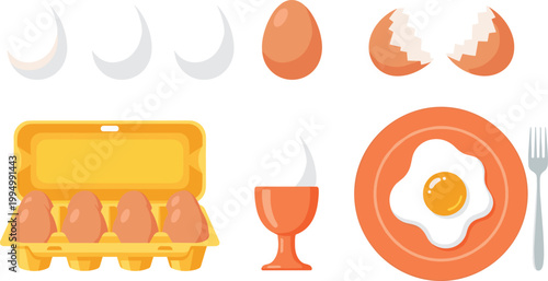 Cute Flat Style Egg Collection Set with Carton Fried Egg and Breakfast Kitchen Elements