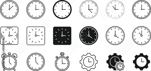 Minimal clock icon set. Modern outline and filled time symbols collection. Alarm, wall and gear clocks isolated vector design for UI, apps, and infographic use.