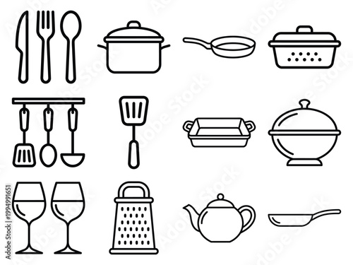 Kitchenware and utensils icon set with cooking tools line art utensils colander casserole kitchenware cookware