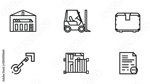 Logistics Icon Set: A comprehensive collection of minimalistic vector icons representing various elements of logistics, including warehouse, forklift, cargo box, document and other shipping essential.