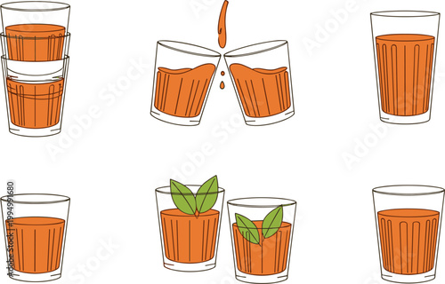 Refreshing iced tea glass set. Cold drink collection with mint garnish and pouring splash. Summer beverage vector illustration for menu, cafe, and drink design.