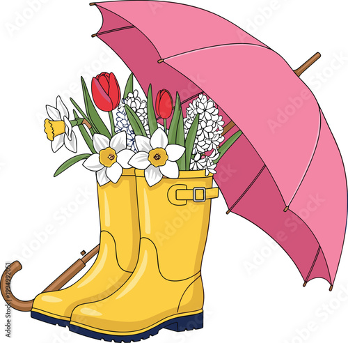 Pink umbrella and yellow rain boots vector illustration with colorful spring flowers for rainy day fashion design