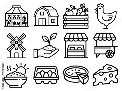Farm icons set: greenhouse barn produce crate chicken windmill seedling market stalls food bowl eggs pie cheese