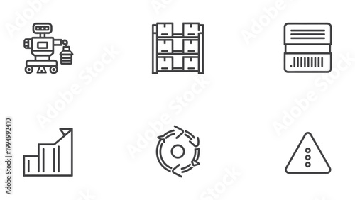 Logistics and Iconography: A collection of illustrative icons representing logistics and business. This visual suite encompasses a robot, storage, barcode scanner, data analysis, loop, and warning.