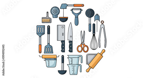 Flat lay illustration of various kitchen utensils and tools arranged in a circle on a white background with a mix of orange, blue, and gray colors.