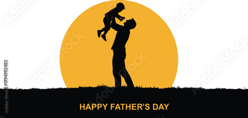Silhouette of a father lifting his child high in the air isolated on transparent background celebrating father's day with a warm sunset