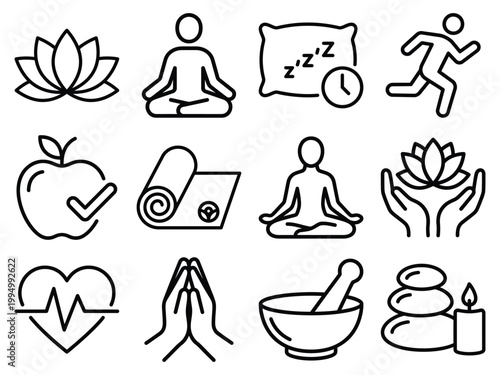 Wellness and self care icons: lotus flower meditation sleep running apple yoga mat prayer hands heartbeat mortar