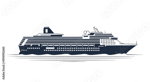 A sleek dark blue cruise ship sailing on calm wavy water