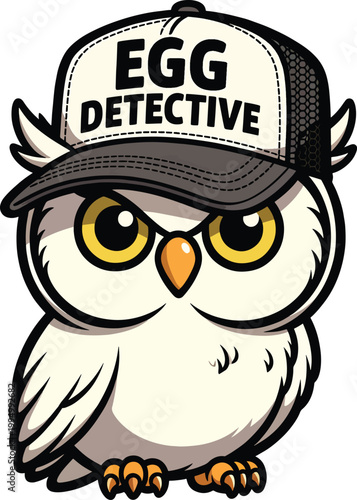 A cute cartoon illustration of a white owl wearing a black and white trucker hat as a detective Vector