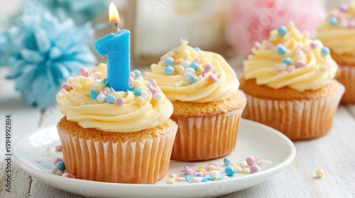 Delicious Birthday Cupcakes with a Blue Number One Candle and Sprinkles.