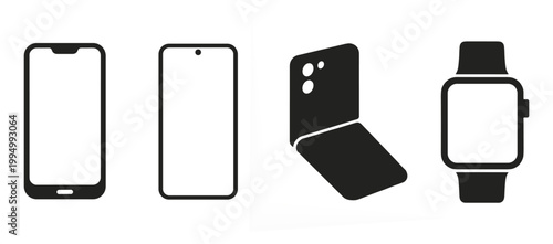 Smart Devices Icons Set – Smartphone, Foldable Phone and Smartwatch Technology Symbols