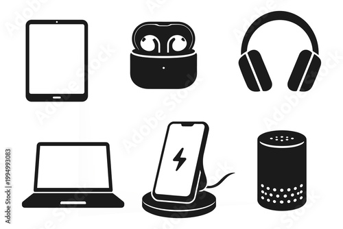 Consumer Electronics Icons Set – Tablet, Laptop, Headphones, Earbuds and Smart Speaker Symbols