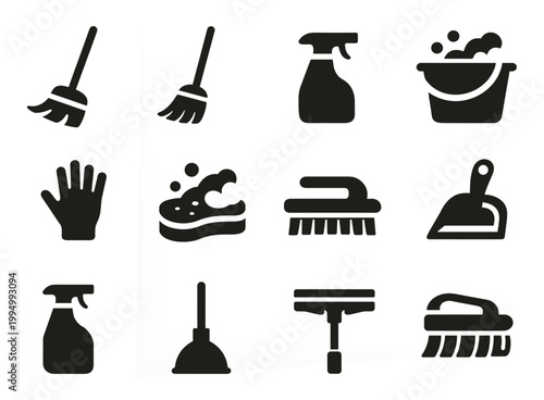 Cleaning Tools Icons Set – Broom, Brush, Spray, Bucket and Housekeeping Symbols Collection