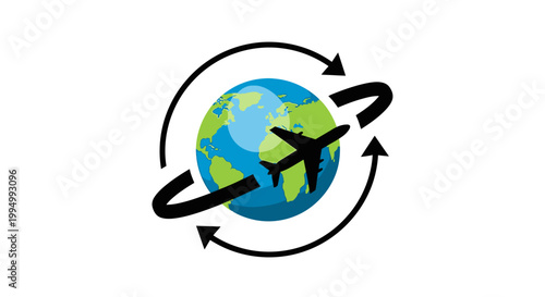 An airplane flying around a globe symbolizing worldwide travel and connection