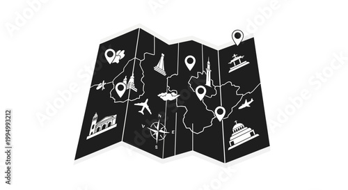 A black and white folded map featuring various travel landmarks and icons