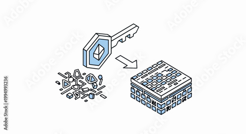 Isometric Vector Concept of Data Decryption, Cybersecurity, and Information Organization using a Cryptographic Key