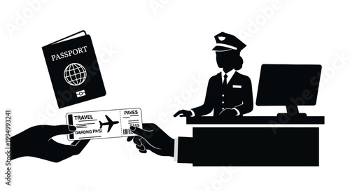 Travel check in process featuring a passport tickets and airport staff