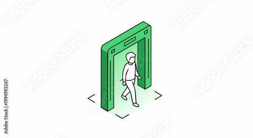 Isometric 3D Illustration of a Person Walking Through a Green Security Metal Detector Scanner at an Airport Checkpoint