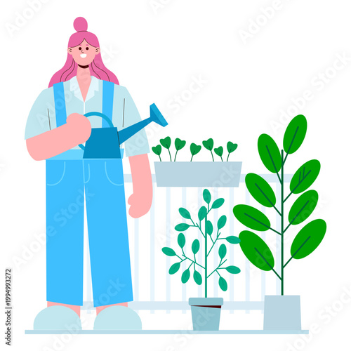 Modern Woman Watering Plants on Balcony