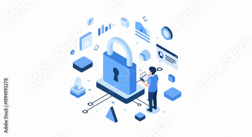 Isometric Cyber Security and Data Protection Concept Illustration with Large Padlock and Digital Icons