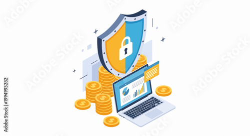 Isometric Financial Security and Online Investment Protection Concept with Laptop, Shield, and Gold Coins