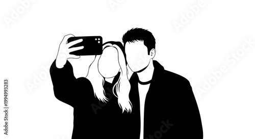 Couple taking a selfie together depicted in a minimalist black and white style