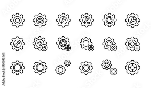 Gear process infographic icon vector set with cogwheel system workflow and line symbols