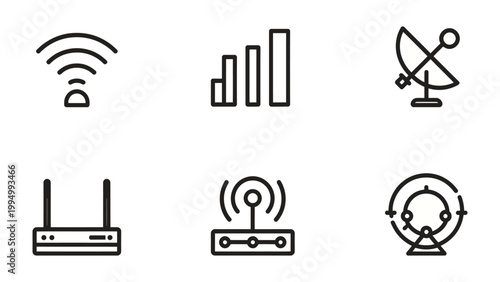 Digital Communication Icons: A set of six meticulously crafted line icons representing modern digital communication concepts, including internet connectivity, network signals, and data transmission. 