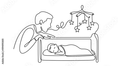 Single Continuous Line Drawing of Person Whispering to Sleeping Baby Star Mobile Minimalist Vector Art