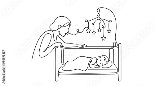 Single Continuous Line Drawing of Person Whispering to Sleeping Baby Star Mobile Minimalist Vector Art