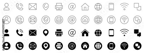 Contact us icon set. Chat. Phone. Website. Message. Location. Support. Telephone. Call. Fax. Editable stroke. Vector illustration.