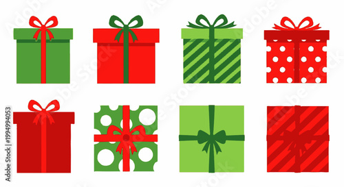 Christmas gift box icons set, 8 colorful holiday presents with ribbons and bows, red and green festive gift boxes for winter celebrations and sales