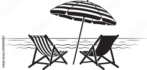 Beach scene with two deck chairs and striped umbrella