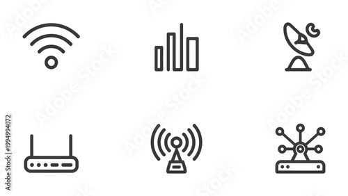 Digital Communication Icons: A set of six meticulously crafted digital communication icons, including those representing Wi-Fi, signal strength, a satellite dish, a router, a radio tower.