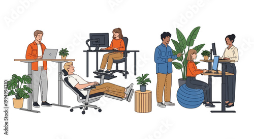 Ergonomic office workspace vector set, diverse employees using standing desks and fitness balls, modern healthy workplace environment with plants