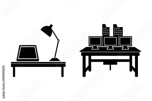 City Business Office and Triple Monitor Workstation Silhouette Icons.