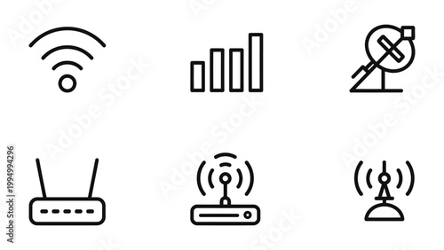 Wireless Connectivity Icon Set: A comprehensive collection of modern, minimalist icons showcasing wireless communication, including Wi-Fi signals, cellular bars, satellite dishes, and routers.