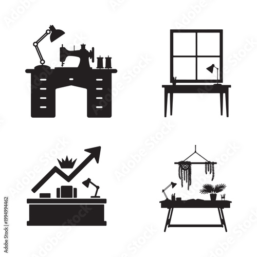 Minimalist Window Study and Boho Plant Workspace Illustration Set.