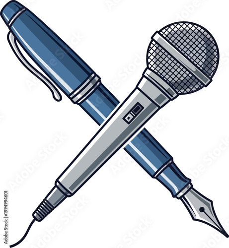 Two crossed objects a blue fountain pen and a silver microphone against a gray checkered background representing writing and broadcasting concepts.
