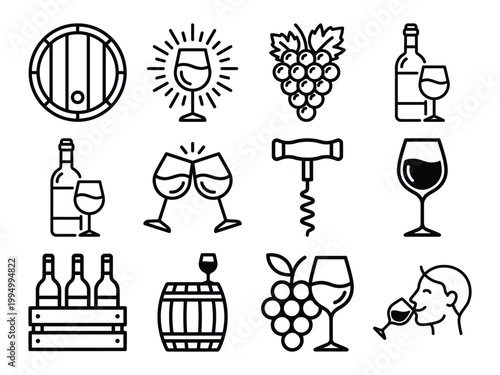 Wine icons collection with food and drink wine opener collection vineyard drinking sommelier celebration beverage