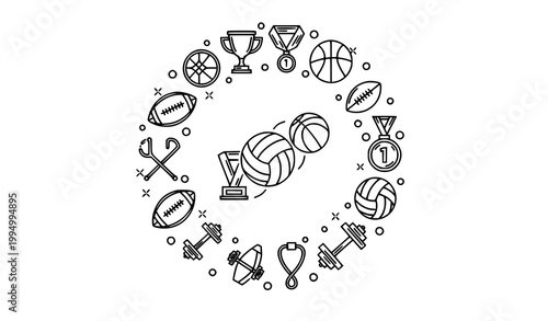 Modern sports and fitness outline icons in circular layout with balls trophy medal and gym symbols isolated on white