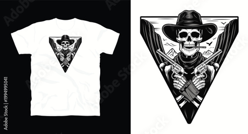 Western skeleton cowboy t-shirt design with skull smoking and crossed pistols in triangle frame.