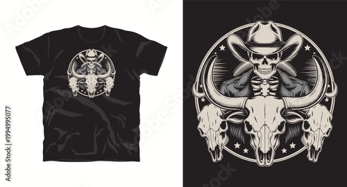 Skeleton cowboy with bull skulls and cowboy hat, western t-shirt design.